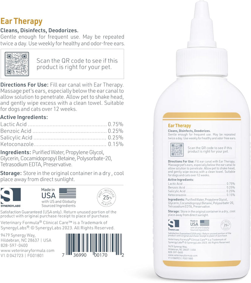 Veterinary Formula Clinical Care Ear Therapy, 4 oz. – Medicated Ear Drops to Help Relieve Bacterial and Fungal Infections in Dogs and Cats – Cleans and Deodorizes 4 ounces