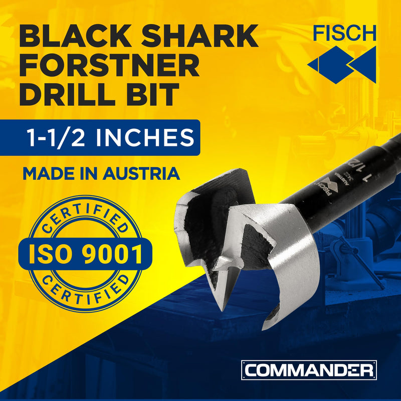 Fisch Black Shark Forged Steel Forstner Drill Bit for Woodworking, Precision Wave Design, Clean Cuts in Hardwoods, MDF, and Plywood, FSA-365839, Made in Austria (1-1/2 inches) 1-1/2"