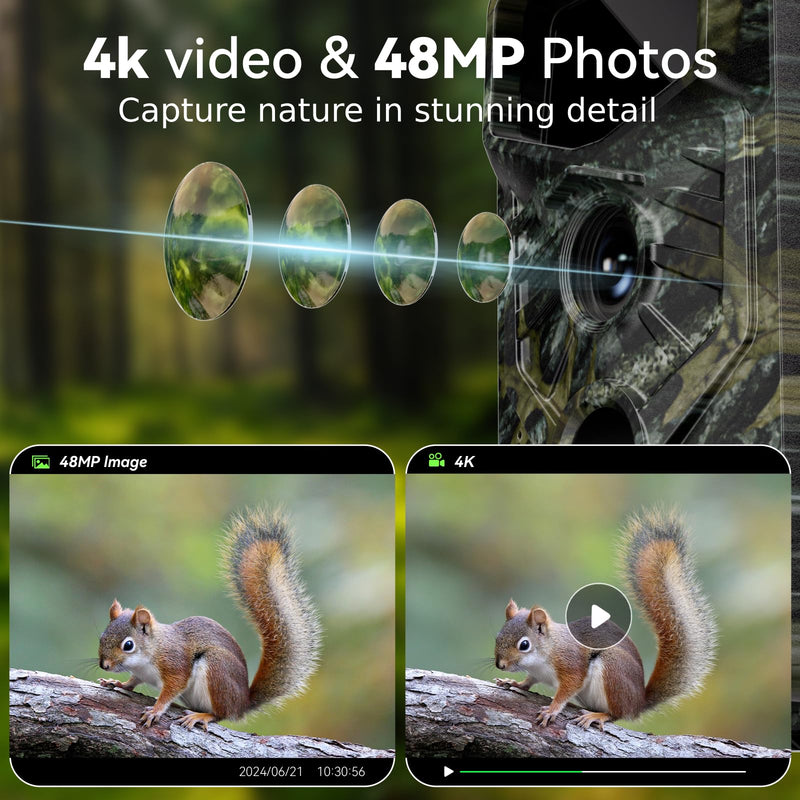 Trail Camera, 48MP 4K Game Camera with 0.1s Trigger Time, 130°Wide-Angle, Trail Cameras with Night Vision Motion Activated Waterproof IP66, 2.0”Screen Trail Cam for Wildlife Monitoring