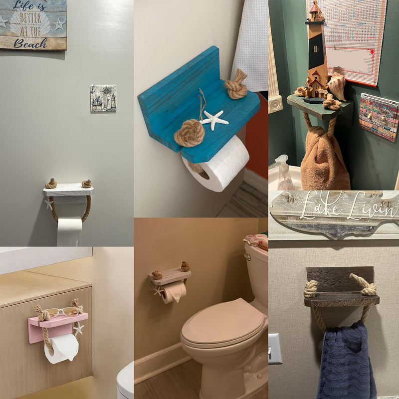 Farmhouse Toilet Paper Holde, Nautical Rope Beach Toilet Paper Roll Holder Pre-Assembled, Morden Farmhous Bathroom Decor Wall Mounted, Starfish Rope Coastal Towel Rack with Wood Shelf Weathered White