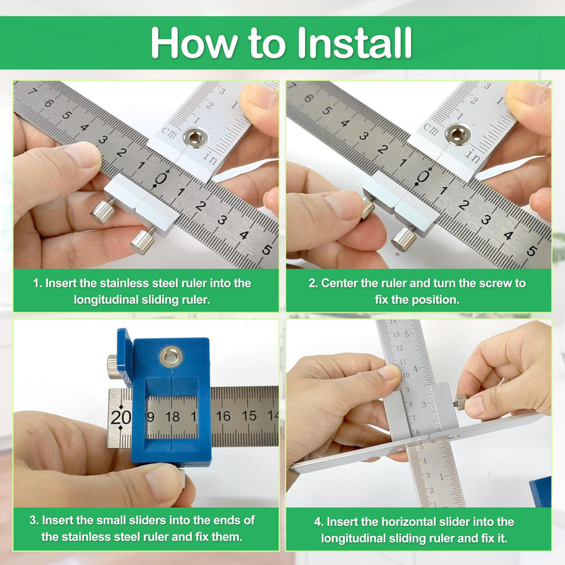 Cabinet Hardware Jig Tool，Adjustable Drill Guide Template Tool for Installation of Door Drawer Front Knobs Handles and Pulls-Blue Aluminium Box | Cabinet Handle Jig with Automatic Center Punch Contains Metric and Imperial Double Sizes-Blue Aluminium Box