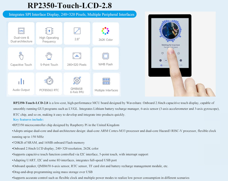 RP2350 2.8inch Capacitive Touch Display Development Board, 240x320, IPS LCD Screen, 5-Point Touch, SPI Interface, Accelerometer and Gyroscope Sensor, Dual-Core & Dual-Architecture Design