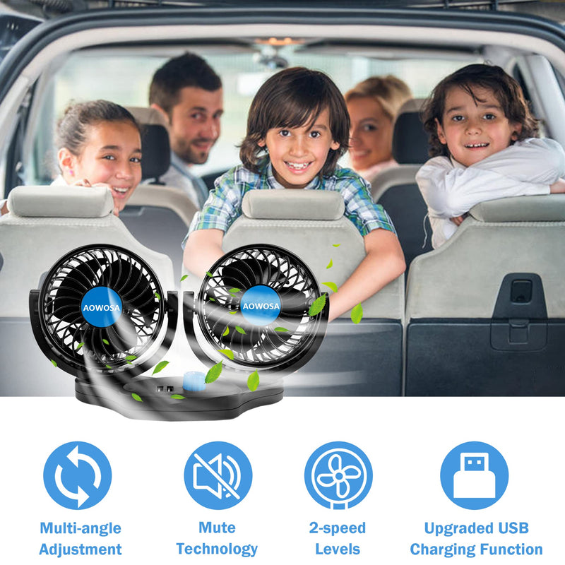 Car Fans 12V Electric Cooling Rear Seat Headrest Vehicle Fan with Cigarette Lighter Plug 2 Speed 2 USB Charging Ports, 360 Degree Adjustable Dual Head Automobile Fan for Truck Van SUV RV Boat Auto Dual Head Back Seat -1