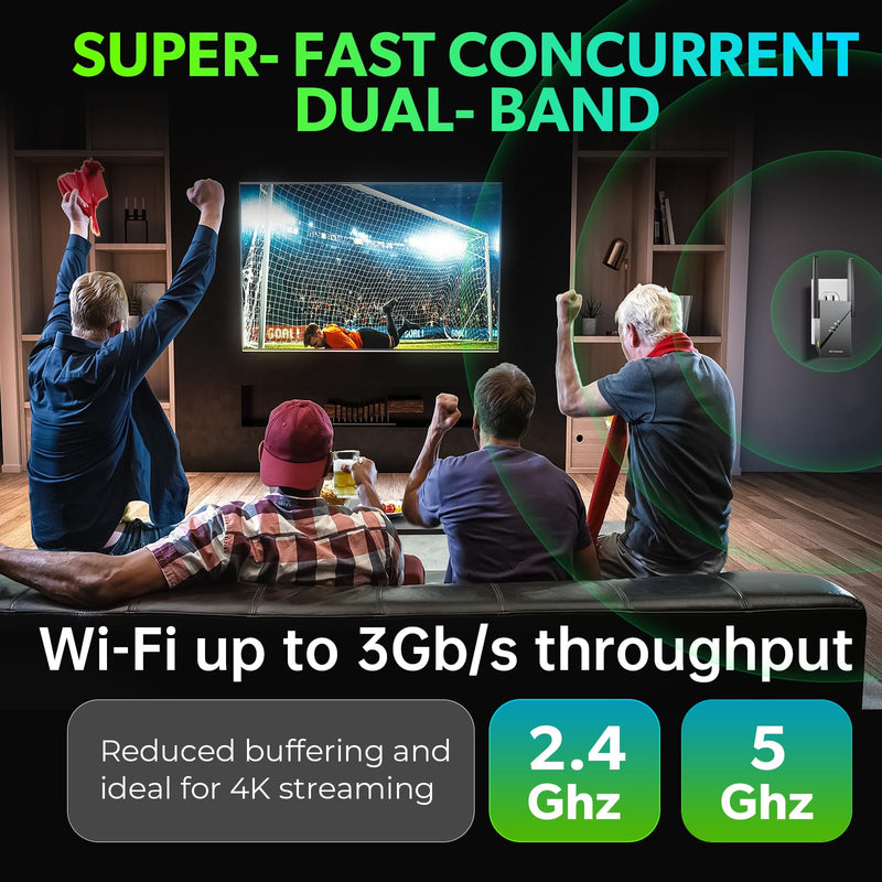 2025 WiFi 6 Extender Internet Booster for Home, Longest Range up to 18k sq. ft, 3Gbps Dual Band Faster Speed Access Point, Wireless Internet Repeater with Gigabit Ethernet Port, Mesh WiFi, 1-Tap Setup black