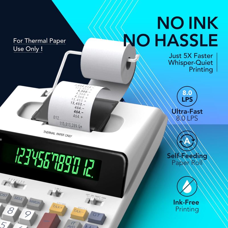 CATIGA 12 Digit Thermal Printing Calculator with Tape Print Out, Ink-Free Adding Machine, 3X Faster Quite at 8.0 LPS, Extra Large Fluorescent Display, Tax Calculation with Clock and Calendar, SP-2401 White (Ink Free)