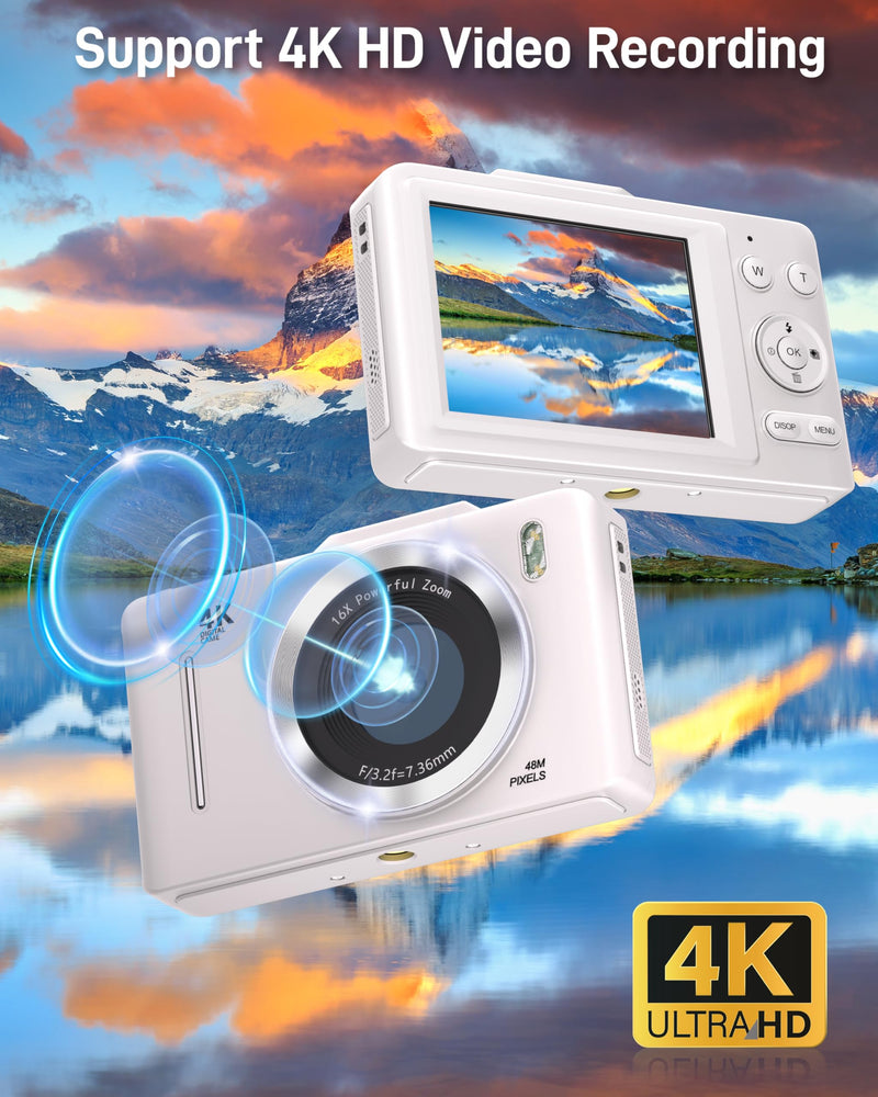 Digital Camera, FHD 1080P Kids Camera Digital with 16x Zoom Anti Shake, 32GB Card, 4K 48MP Portable Compact Point and Shoot Cameras, Vintage Small Camera for Teens Beginner Kids Present White