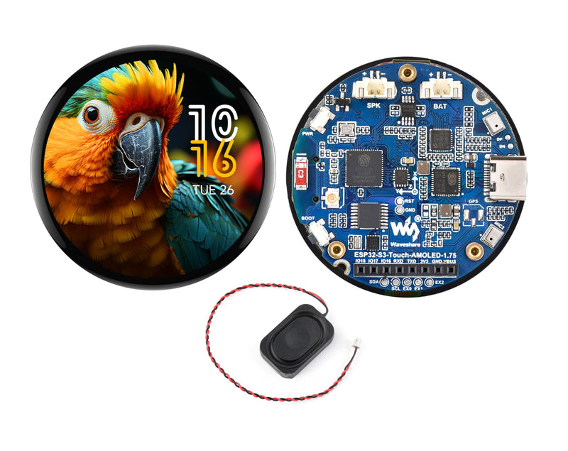 ESP32-S3 with 1.75inch AMOLED Round Touch Display Development Board, 466x466, QSPI, Type-C Interface Onboard Dual Digital Microphone Array, Support AI Speech Interaction,with 8Ω 2W Speaker
