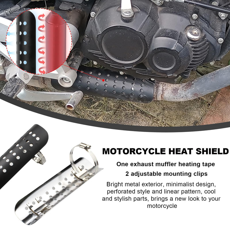 Motorcycle Heat Shield, Aluminum Motorbike Pipe Heat Exhaust Heat Shield, Pipe Heat Shield Cover Guard Protector with 2 Stainless Steel Clamps, Motorcycle Accessories (Black) Black