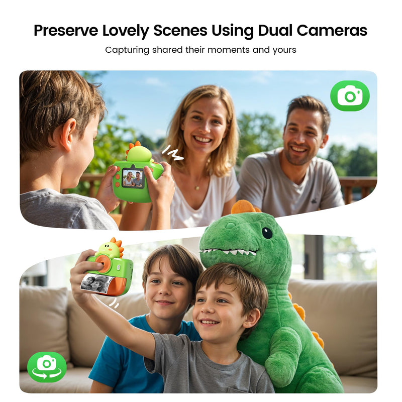 Dinosaur Camera for Kids, Kids Camera Instant Print, Bluetooth Kid Cameras Printer as Birthday Gifts for 2 to 11 Years Old Boys, Cameras for Kid with Sticker Paper, Dinosaur Toys for Toddlers