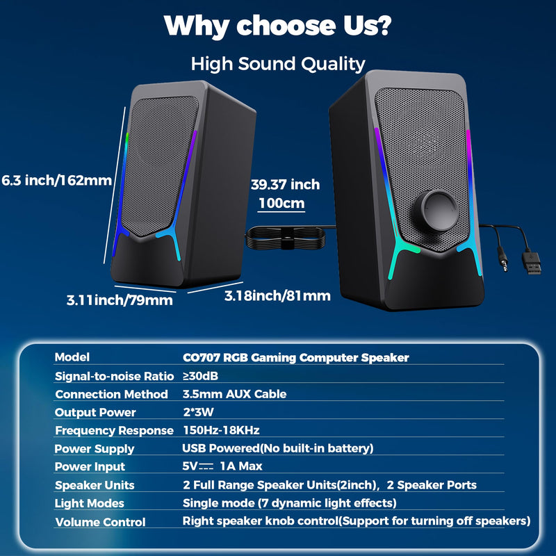 ROSON Computer Speakers, Gaming PC Speakers with Enhanced Bass and Volume Control, Stereo 2.0 USB Powered 3.5mm Aux Multimedia Speakers for Laptop/Desktop/Tablets/Phone