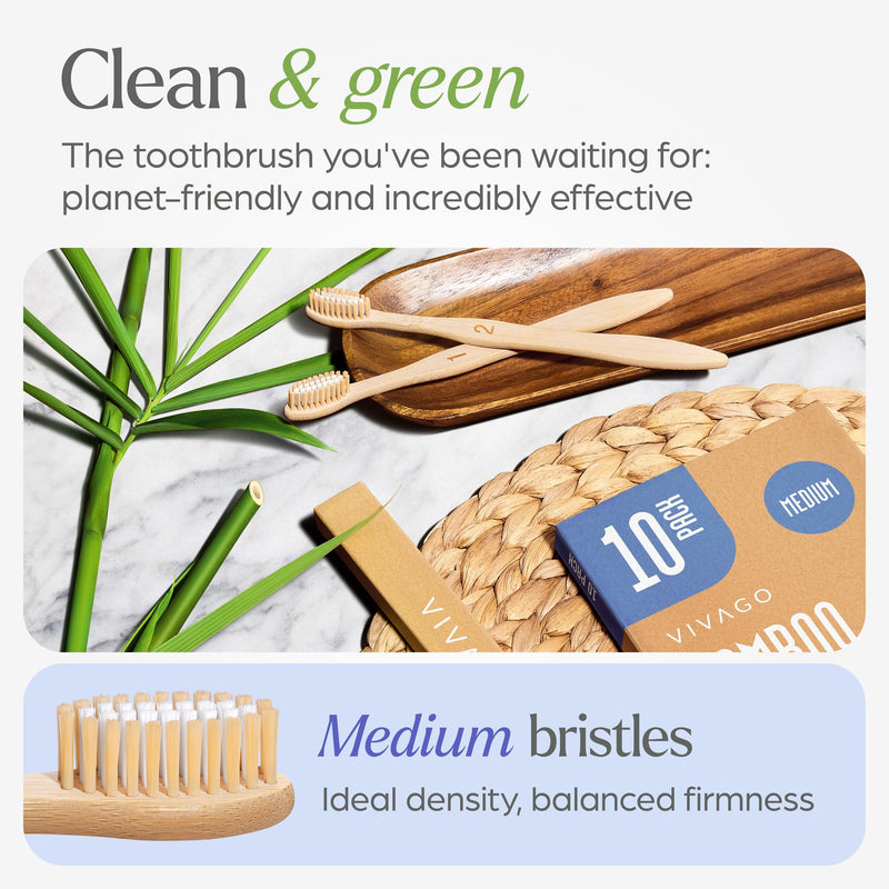 VIVAGO Bamboo Toothbrushes Medium Bristles 50 Pack - BPA Free Medium Bristles Toothbrushes for Adults - Eco-Friendly, Natural Wooden Toothbrush 50 Count (Pack of 1)