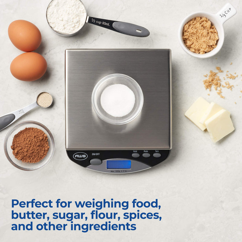 American Weigh Scales Bench Series Precision Digital Kitchen Weight Scale, Food Measuring Scale, 1kg x 0.1g, AMW-1000-BLK