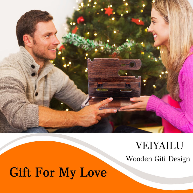 Gifts for Men Women Dad Husband Boyfriend Wood Phone Docking Station Nightstand Organizer for Men Birthday Gifts (Dark Brown) dark brown