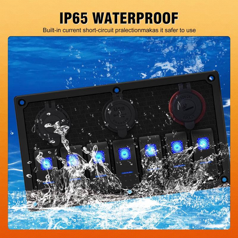 7 Gang Boat Switch Panel Waterproof, Marine Rocker Switch Panel 12-24V with Dual USB Charger and Fuse, Suitable for RV UTV Truck(On/Off Blue LED Plastic-LED blue 7 gang