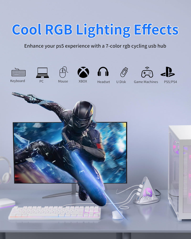 USB Hub 3.0, 7-Port USB Hub with RGB Night Light and Base, Vertical USB a Splitter for Desktop,Laptop, MacBook, Xbox, PS4/5, Game Console, Flash Drive, XPS, PC, Printer, Camera, Keyboard (Silver+Base) 2ft Silver