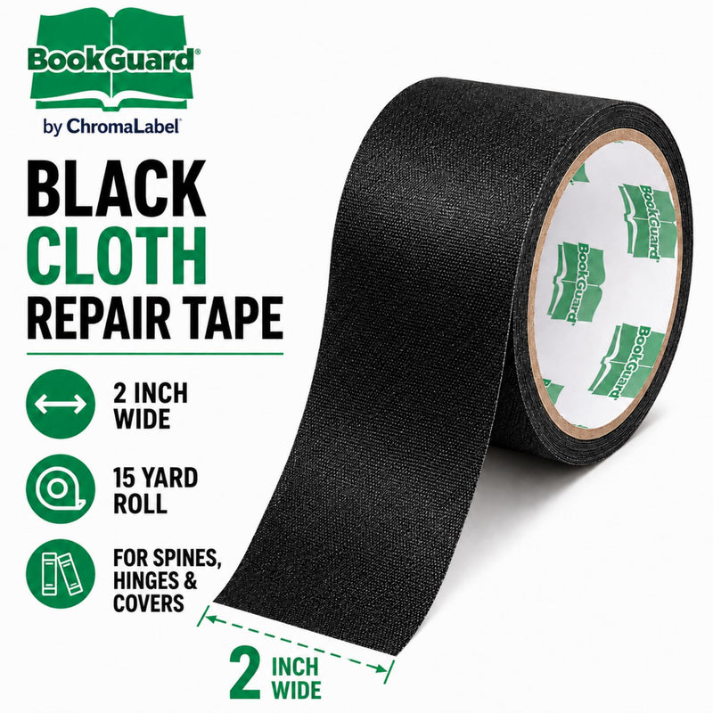BookGuard 2 Inch Black Book Binding Tape, Bookbinding Repair Cloth Tape for Book Spines, Hinges, Covers, Bibles, Hymnals, Library Books, Schools, 15 Yards 2" Wide 1
