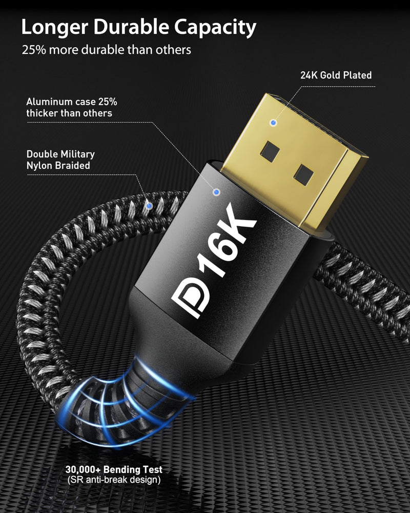 Stouchi DisplayPort Cable 16K 2.1, 6.6FT/2M DP Cable 80Gbps 16K@60Hz, 8K@240Hz HBR3 4K@240 HDR, HDCP, DSC 1.2a Support Monitor FreeSync G-Sync Video Card - Black 6.6 FT 16K-Black