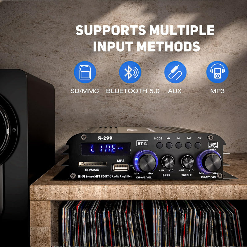 Facmogu S-299 4.1CH Bluetooth Power Amplifier with Active Subwoofer Output (NOT Passive Subwoofer), Max 800W RMS 40Wx4 Subwoofer Amplifier Hi-Fi Integrated Mini Speaker Amp Audio Sub Bass Amp