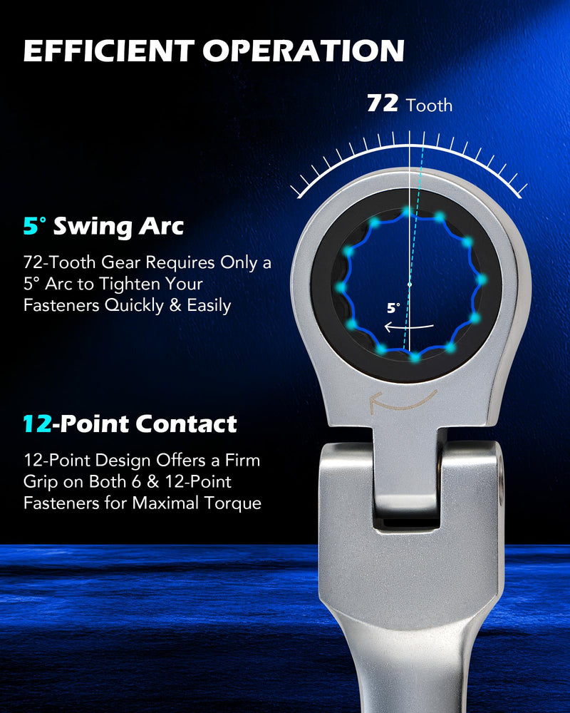 Orion Motor Tech 6-Piece Ratcheting Wrench Set, Metric 8-19 mm Flex Head Ratcheting Wrench Set, Extra Long Ratchet Wrench Set with 72 Tooth Gear & Double Box End