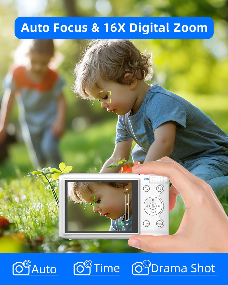 T TAKMLY Digital Camera 5K, Autofocus 16x Zoom 72MP Point and Shoot Cameras Compact Portable with Flash for Boys Girls Teens Students, Anti Shake 2.8'' Screen, 64GB Card Include, White