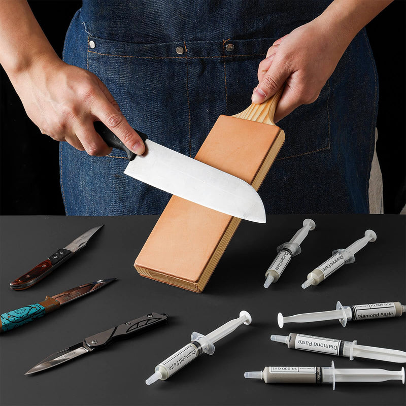 Angerstone Oversize Double Sided Leather Strop for Knife Sharpening with 6 Diamond Polishing Compounds - Cowhide Stropping Kit with Stropping Compounds, Knife Strop Block Stropping Leather large