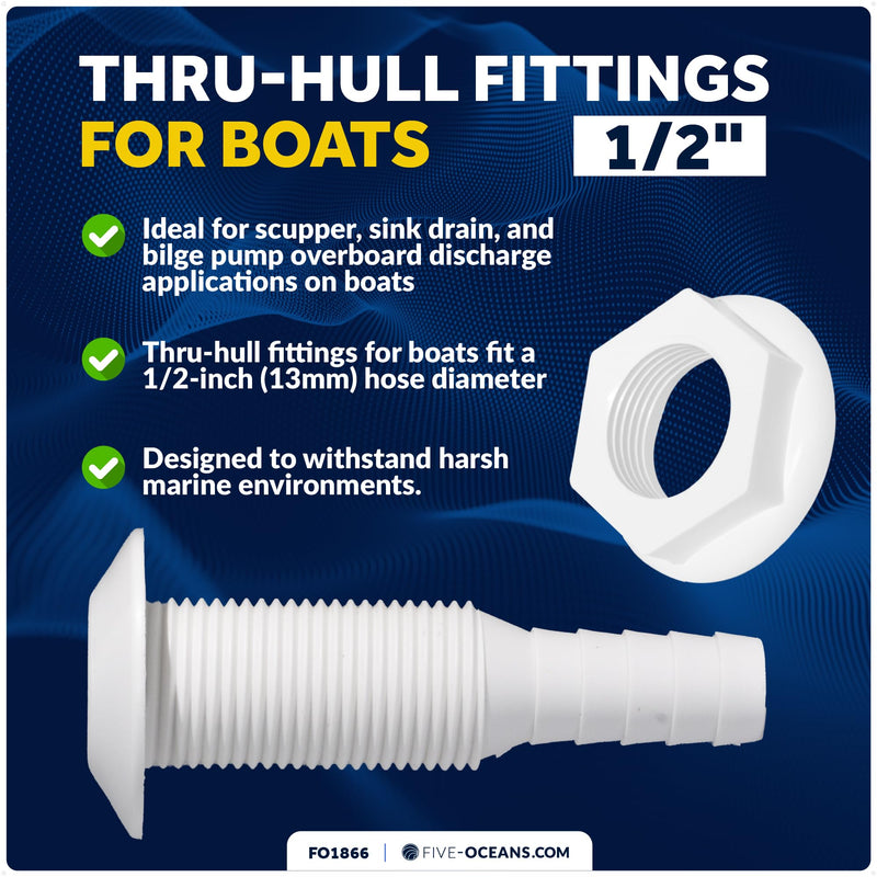 Five Oceans 1/2-Inch Thru-Hull Fittings for Boat, White Injection Molded Polypropylene, Barbed, Resist Harsh Conditions - FO1866 Straight – 1/2" Hose