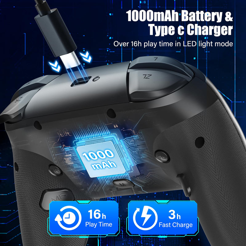 RJAD Switch Controllers for Nitendo Switch/OLED/Lite, Wireless Switch Pro Controller with 10 Colors Light, 1000mAh Rechargeable Switch Turbo Control with Vibration, 6-Axis Gyro, Turbo, Wake Up