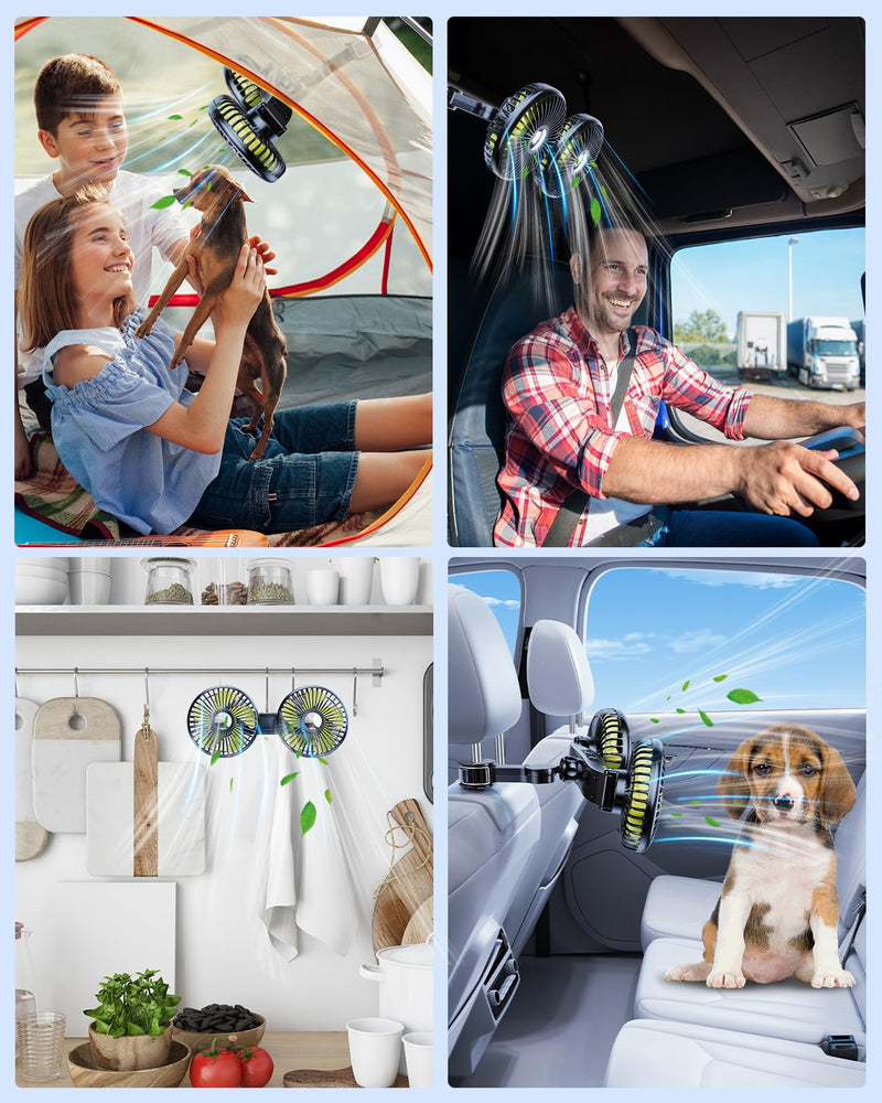 Battery Fan for Car Backseat, 360°Rotatable Car Fan for Back Seat Kids, [Comes with Car Charger&USB C Cable*1] 3 Speeds Separate Control Rechargeable Fan for Car Seat Fit for Vehicles SUV RV 2000mAh