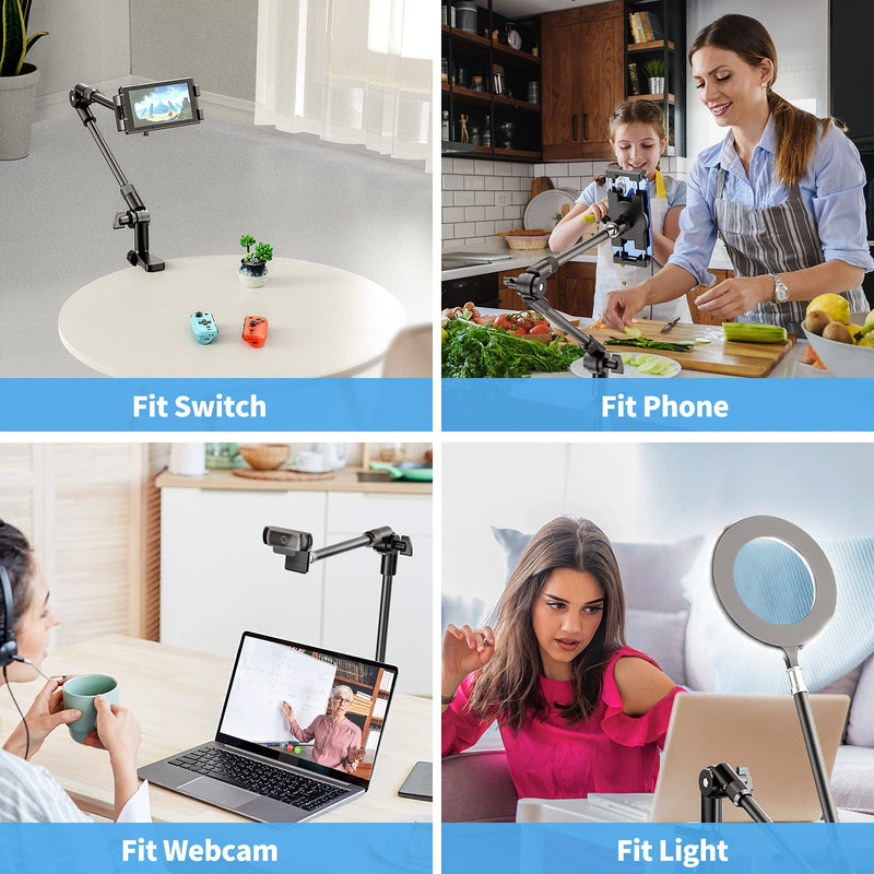 KDD Tablet Stand Holder, Adjustment iPad Phone Mount, 27in Long Arm Webcam Stand Projector Camera Mount for Desk, Fit for 4.7"-12.9" Devices, iPad Pro 12.9 Air Mini, Galaxy Tabs, Switch, iPhone Fit for 4.7"-13" Devices