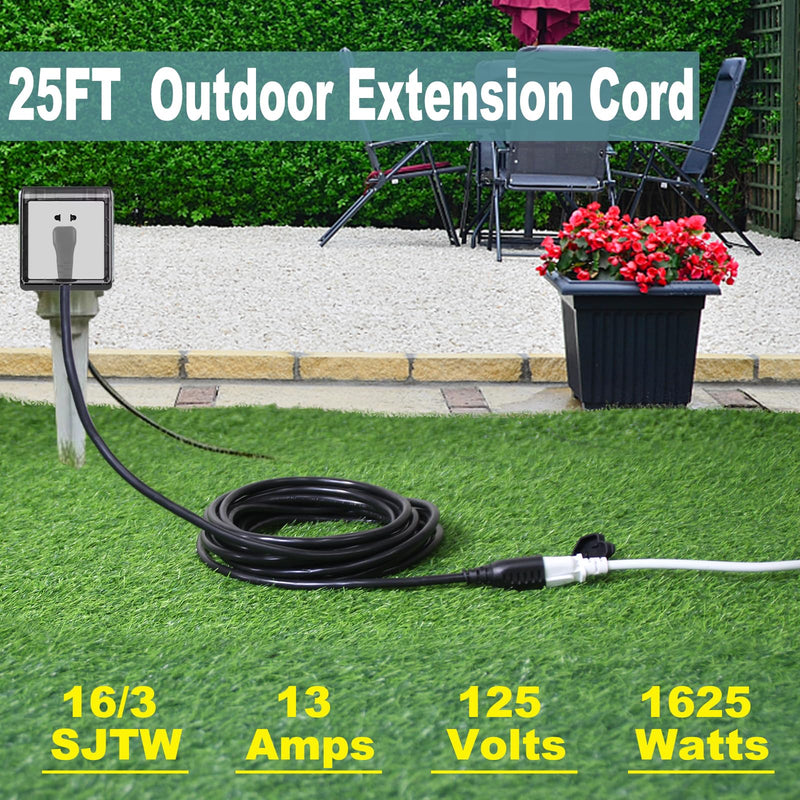 25FT Black Outdoor Extension Cord - Flat Plug, Waterproof SJTW 16Gauge, 125V 13A 1625W 3Prong Grounded Exterior Cord, Cold Weather 25FT