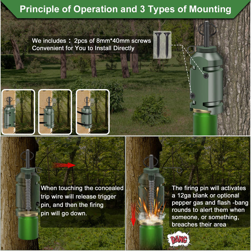 Perimeter Trip Alarm,Trip Alarm,12 Gauge Camping Trip Wire Alarm Device with 2pcs Screws,Early Warning Security System for Outdoor and Property Safety/Bear Deterrent -Dark Green (Adapter Not Included