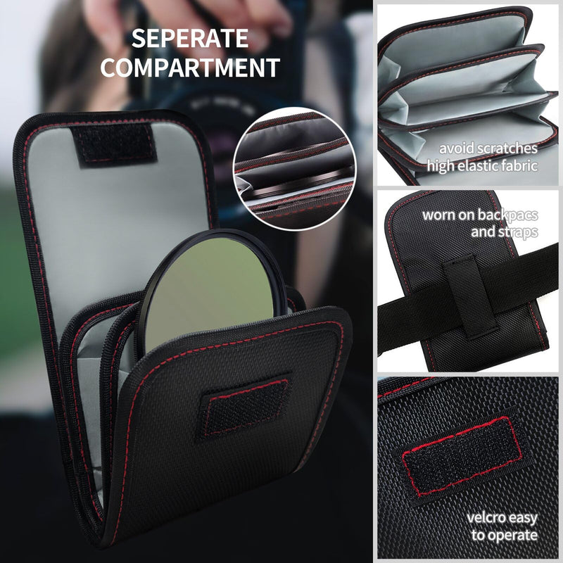 Professional Photography Filter Bag, 3-Pocket Camera Lens Filter Bag Entrainment, Waterproof And Dustproof Anti-Fall Design Suitable for 25mm-82m Filters, Pack of 2 (Black) Black