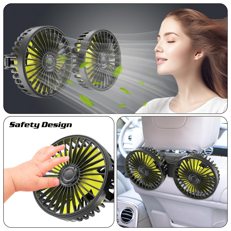 Car Fan for Rear Seat Passenger Dual Head USB Car Seat Fan for Backseat Kids, 360° Rotatable 3 Speeds Air Circulation Fan for Baby, USB Car Fan with Adjustable Clip for Vehicles SUV RV Vehicles USB Backseat Fan
