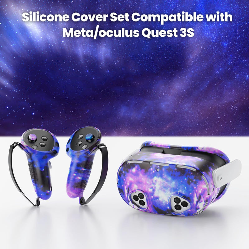 Silicone Cover Set Compatible with Meta/Oculus Quest 3s Accessories, VR Silicone Face Cover, VR Shell Cover,Touch Controller Grip Case,Camera Lens Protector Set (Starry Purple)