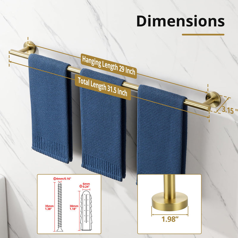 SAYAYO Towel Racks for Bathroom, 31.5 Inch Towel Bar Brushed Gold, Towel Rod Wall Mount, SUS304 Stainless Steel Towel Holder (29 Inch Total Length) 31.5" (29" Hanging Length)