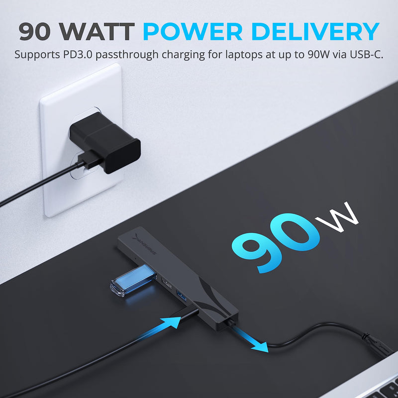 SABRENT Multi-Port USB-C Hub with Power Delivery, HDMI Out, 3 USB A Ports, 4K@60Hz, 90W PD, Aluminum [HB-SHPU] USB-C 5-Port Hub
