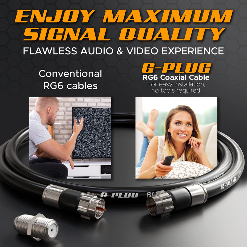 G-PLUG 10FT RG6 Coaxial Cable Connectors Set – High-Speed Internet, Broadband and Digital TV Aerial, Satellite Cable Extension – Weather-Sealed Double Rubber O-Ring and Compression Connectors Black 10 FT