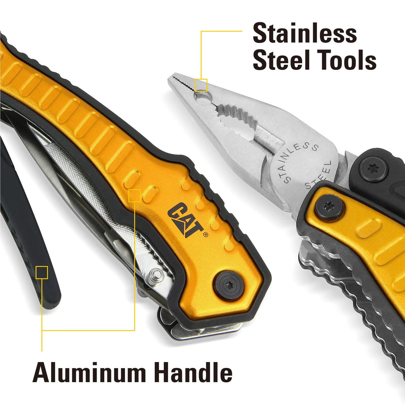 Caterpillar Multi Function Tool 9-in-1, X-Large, Long Nose Pliers, Wire Cutter, Knife, Bottle Opener, Screwdriver, Saw Blade, with Pouch - Yellow 980045 One Size