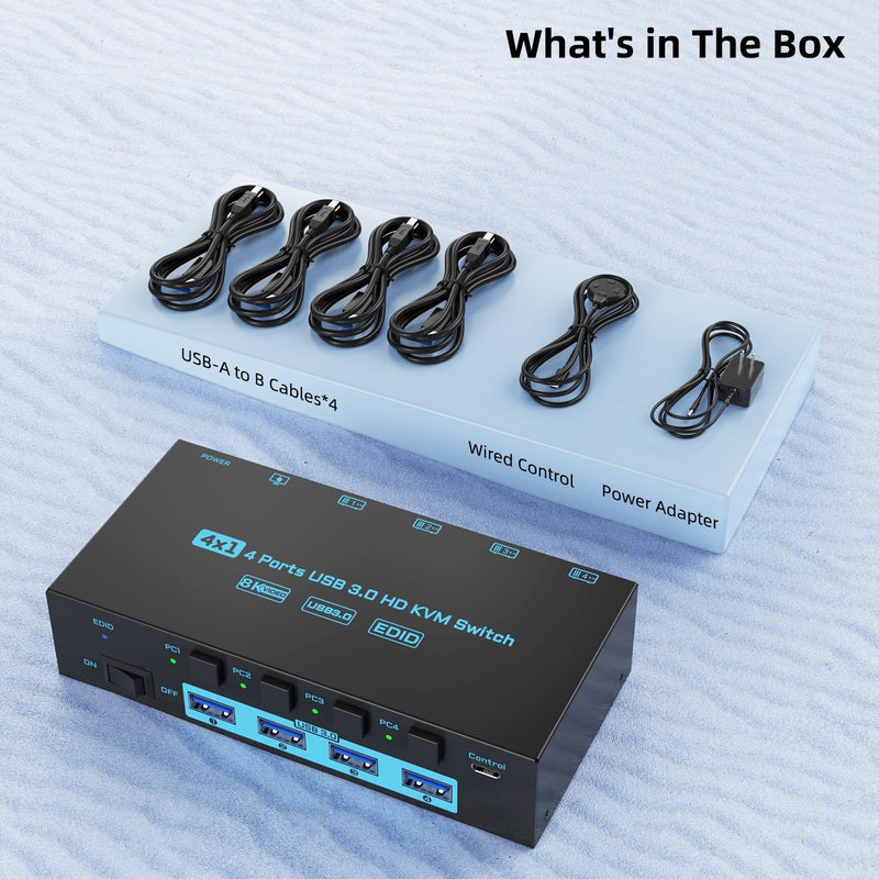 8K HDMI KVM Switch 4 Computers Sharing 1 Monitor, ANXQQ EDID Function KVM Switch HDMI 4 Port 8K@60Hz 4K144Hz for 4 USB Devices, Keyboard Mouse Switch with 4 USB Cables, Wired Control and Power Supply 8K 4 In 1 Out