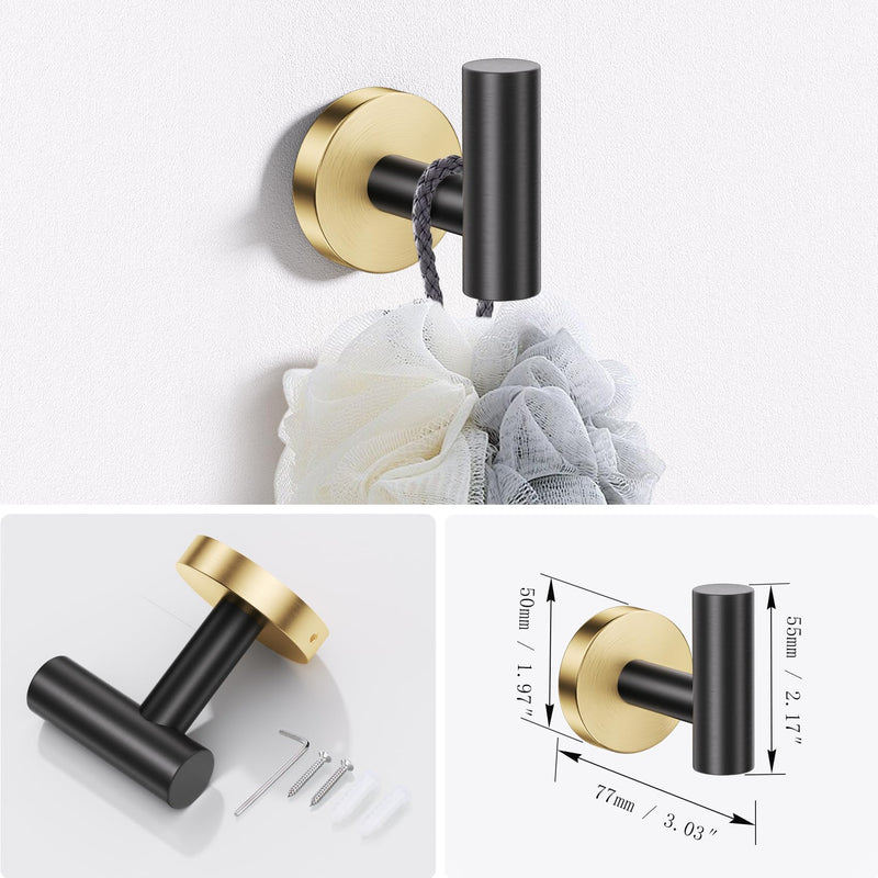 Lairuier Bathroom Hardware Set, 4-Piece Towel Holder Set Include Toilet Paper Holder,Towel Ring and 2 Towel Hooks Stainless Steel Wall Mounted Bathroom Hardware Accessories Set (Black and Gold) Black Gold Set A