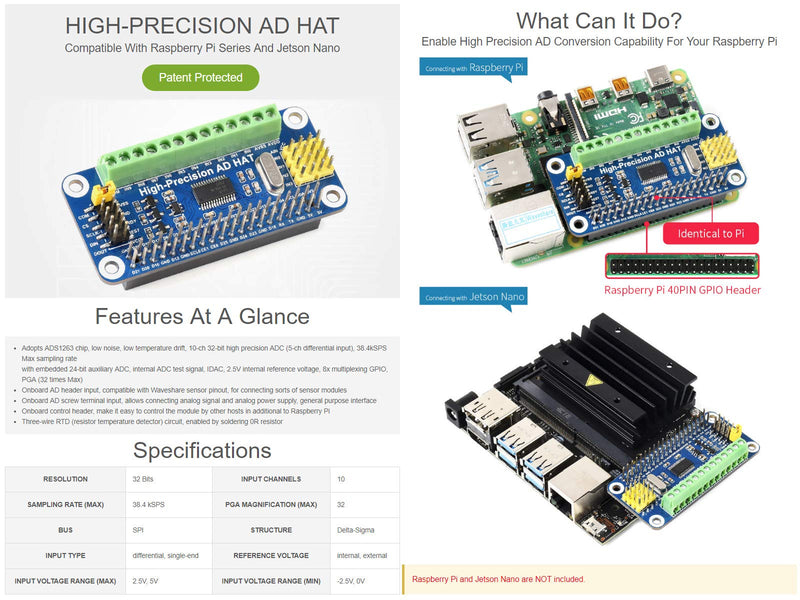 Waveshare High-Precision AD HAT for Raspberry Pi/Jetson Nano with ADS1263 Onboard 10-Ch 32-Bit Support ADC AD Input Headers for Analog Sensor Module and AD Input Screw Terminal for Analog Signal High precision AD HAT