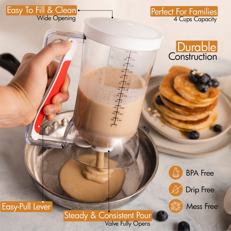 Kid Friendly Mess Free Pancake Cupcake Batter Dispenser Squeeze Handle for Precise Portion Control, Great for Waffles, Crepes | 4 Cup Capacity (White) White