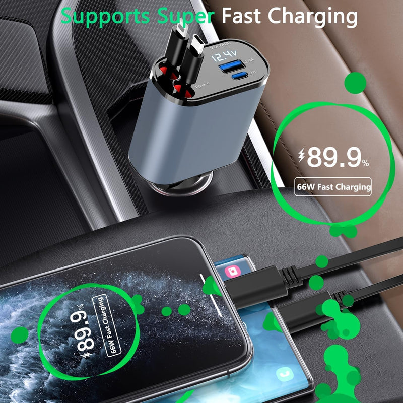 Retractable Car Charger, 4 in 1 Fast Charge Car Phone Charger Adapter 100W, Retractable Cables(2.6ft) for iPhone & Type-C, Cigarette Lighter Adapter for iPhone15/14/13 Pro Max, Galaxy, Pixel