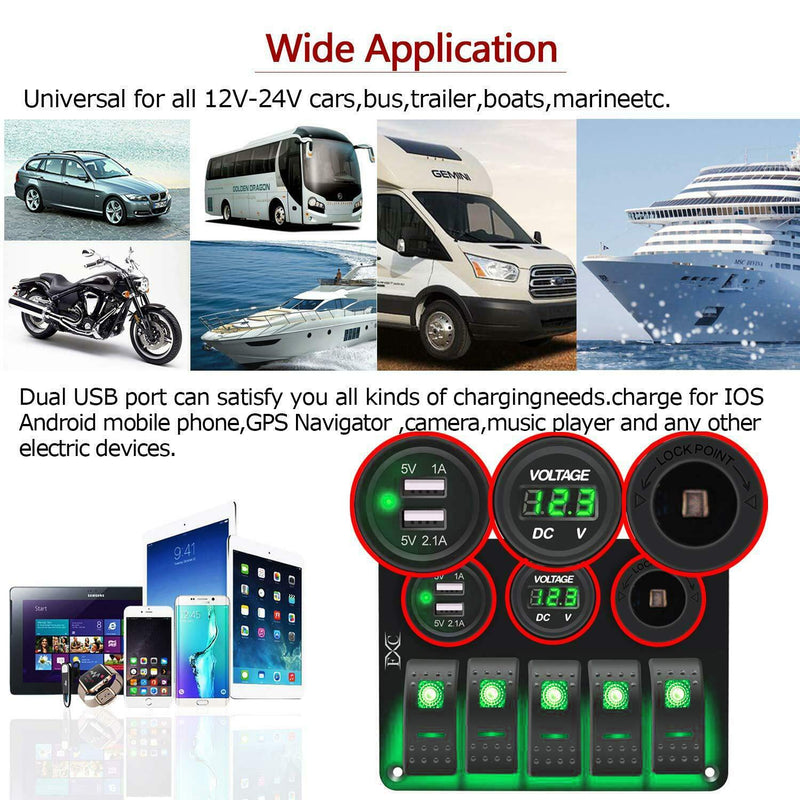 FXC 5 Gang Rocker Switch Aluminum Panel with Dual USB Slot Socket 5V 3.1A + Volt Meter + Cigarette Lighter for Marine Boat Car Rv Vehicles Truck 12-24V Waterproof (5Gang Green)
