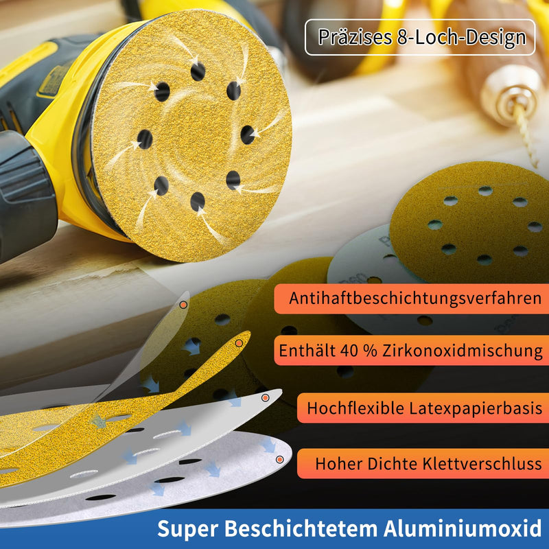 Sanding Discs 125 mm Random Orbital Sandpaper Sandpaper 8 Holes Round Sanding Sheets (with Grain P60 P80 P120 P180 P240 x20) Professional for Wood Metal Rust Removal and Color Pack of 100 High-quality alumina Mixed (P60-P240) pack of 100