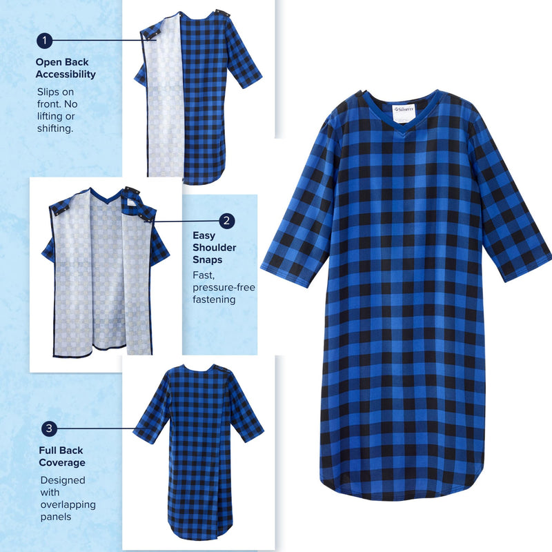 Silverts Men's Adaptive Open Back Flannel Gown, Assisted Dressing Nightgown | For elderly, nursing home & recovery wear, snap shoulders, warm cotton flannel Medium Blue Buffalo