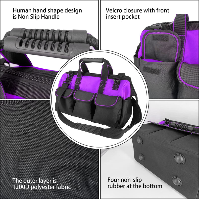 Garden Tools Bag 16 inch Wide Mouth Tool Bag with Molded Base Tool Tote for Women, Heavy Duty,600D polyester fabric (Purple color) Purple color