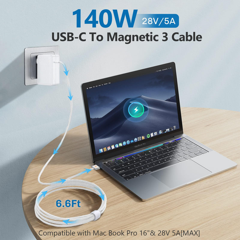 140W USB C to Magnetic 3 Cable, Charger for Mac Book Pro 16,15,14,13 inch,2021-2023 M1 M2 Mac Book Air Laptop Power Adapter & [6.6Ft]