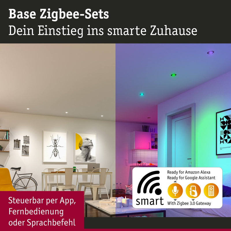 Paulmann 92466 LED Recessed Light Base Smart Home Zigbee Basic Set Swivelling Round 230 V 3 x 4.9 W 3 x 420 lm Dimmable 90 mm White Metal RGBW+