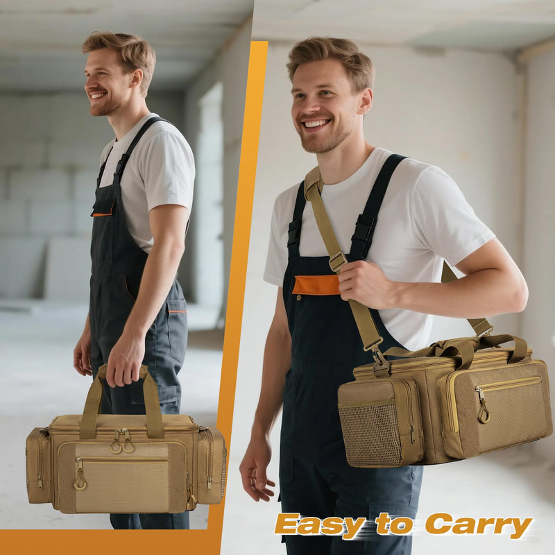 Tactical Tool Bag with Anti-friction Bottom, Hand Tool Tote Storage Organizer for Men, Small Range Bag for Electricians, Carpenters, Mechanics and Repairman, Khaki